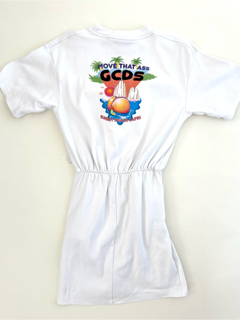 GCDS Ruched Cotton White T-shirt Mini Dress with Y2K Style Back Graphic - Size S - Picture 7 of 11